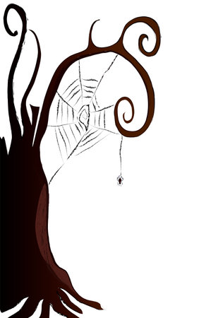 Vector illustration isolated on a white background - old tree with spiderweb and spider hangingのイラスト素材