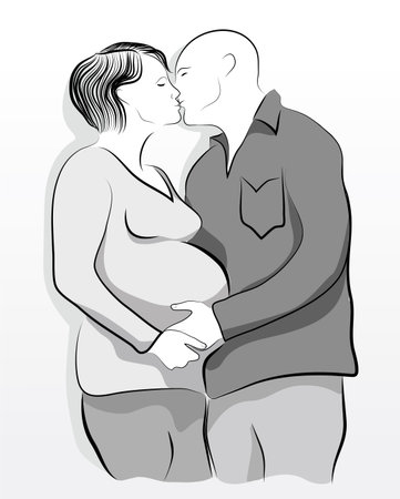 Vector portrait of a young couple with a pregnant woman hand drawing illustration vertical formatのイラスト素材