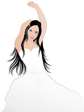 Wedding theme colorful illustration of young woman in white dress dancing sceneのイラスト素材