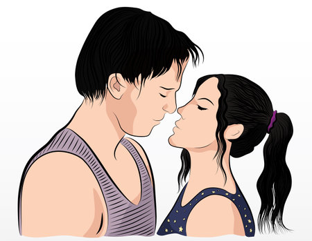 Colorful line-art drawing illustrated young couple going to kissのイラスト素材
