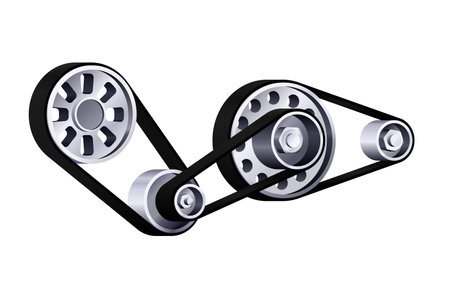 3D vector illustration with steel wheels and belts transmission, useful for quiz questions, presentations, math equations and school projectsのイラスト素材