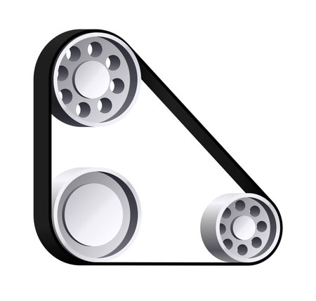 Three metal wheels set with belt isolated on a white background. 3D vector illustration of three set steel wheels and belts transmissionのイラスト素材