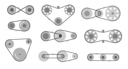 Vector illustration of conveyor belt sets isolated on a white background. Collection of vector drawing belt sets with various size rollers and direction arrowsのイラスト素材