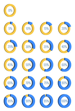 Vector illustration set of three-dimensional pie charts with percent values. Infographic vector set of 3D percentage pie chart icons from zero to one hundred in steps of fiveのイラスト素材