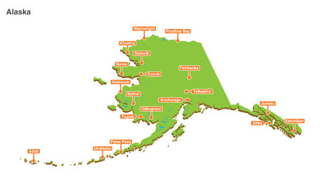 Vector perspective geographical map of Alaska with larger cities. 3d vector illustrated colorful touristic map of Alaska country shape with cities and lakesのイラスト素材