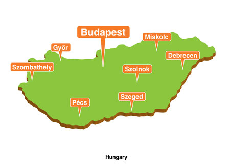 Vector illustrated 3d cartoon looking geographical map of Hungary with cities. 3d vector illustration graphic green color geographical map of Hungary with largest cities shownのイラスト素材
