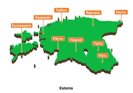 Estonian vector illustrated 3d geographical map with cities. 3d vector illustration graphic green color geographical map of Estonia with largest cities shownのイラスト素材