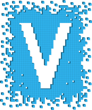 Vector drawn letter V surrounded by numerous small blue color cubesのイラスト素材