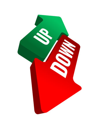 Simple colorful vector shapes 3d design arrows with Down and Up white color text titlesのイラスト素材