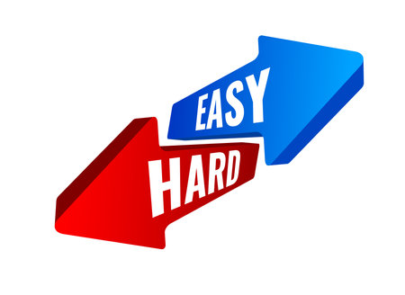 Simple gradient color vector shapes flat design opposite direction arrows with Hard and Easy white color text titlesのイラスト素材