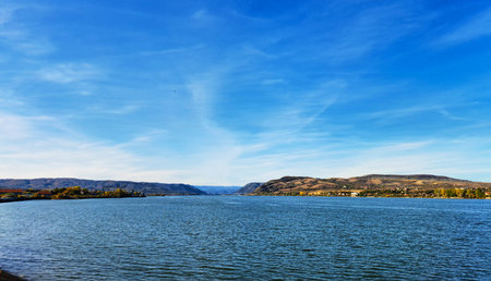 Panorama view over the Danube river and Hydroelectric power plant in the centerの写真素材