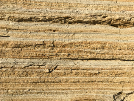 Close-up of layered sandstone showing horizontal striations and varying shades of tan, brown, and beige, revealing natural sedimentary rock patterns formed over time.の写真素材