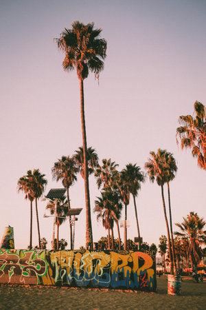 Beautiful Venice beach area in Los Angeles with a pedestrian walk during orange sunset. Empty beach,...