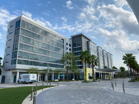 Orlando, FL/USA-4/10/20:  The exterior of a Marriott Courtyard and Residence Inn in Laureate Park Lake Nona Town Center in Orlando, Florida.のeditorial素材