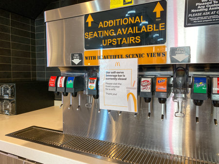 Orlando, FL/USA-5/3/20: A self service soda fountain used without an employee's help at McDonalds...