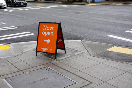 Seattle,WA/USA-9/15/19: A sign saying that the Amazon Go store is open.  Amazon Go is a new kind of grocery store there is no checkout using advanced shopping technology.のeditorial素材