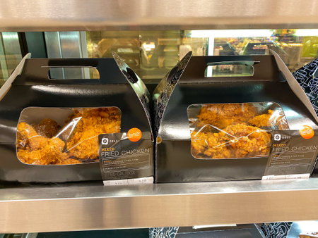 Orlando, FL/USA-7/23/20: Fried Chicken on a warming display case at a Publix grocery store in Orlando, Florida.のeditorial素材