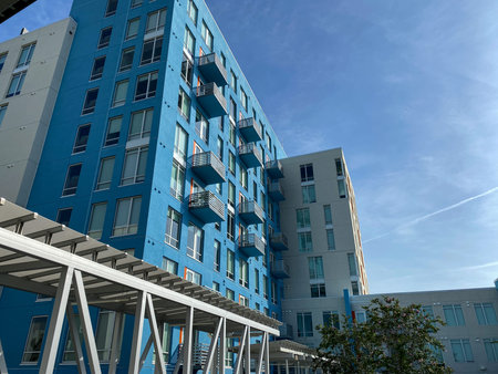 Orlando, FL/USA-6/25/20: The exterior of Pixon luxury apartment complex in Lake Nona in Orlando, FL.