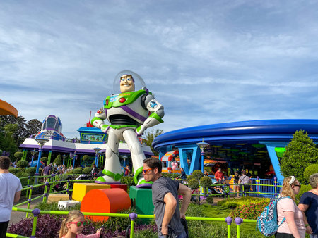 Orlando,FL/USA-11/27/19: Buzz Lightyear in front of the Alien Swirls ride at Hollywood Studios Park...