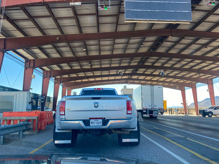 Texas USA - February 24,2020:  A truck waiting in line at a USA border patrol checkpoint to be...