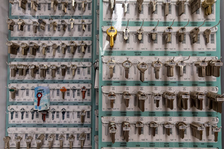 Ft. Pierce,FL/USA-810/19: Blank keys at a hardware store waiting for customers to request keys to be copied.のeditorial素材