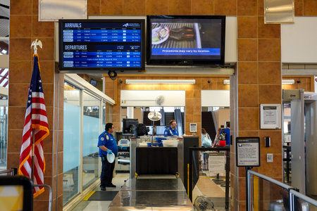 Bloomington,IL/USA-8/25/19: The luggage xray machine at the TSA security check point at a regional airport.のeditorial素材