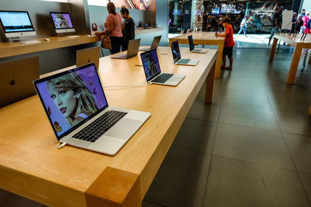 Orlando,FL/USA-8/27/19: A row of MacBook Pros on display at a retail store.