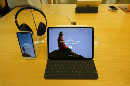 Orlando,FL/USA-8/27/19: The new iPad Pro with Apple Pencil, Apple keyboard, Beat Headphones and...