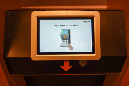 Seattle, WA/USA-9/15/19: The Barcode scanning device at the original University District  Amazon...
