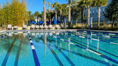 Orlando, FL USA  - January 4, 2021: A neighborhood amenity complex lap pool that looks like a resort with palm trees and lounge chairs.のeditorial素材