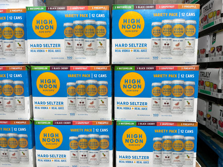 Orlando,FL USA - January 31, 2021:  Cases of High Noon Sun Sips Hard Seltzer alcohol beverages at a...