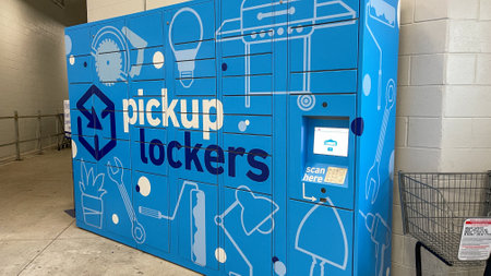 Orlando,FL USA - January 12, 2021:  The pickup lockers for online orders at a Lowes Home Improvement Store in Orlando, Florida.のeditorial素材