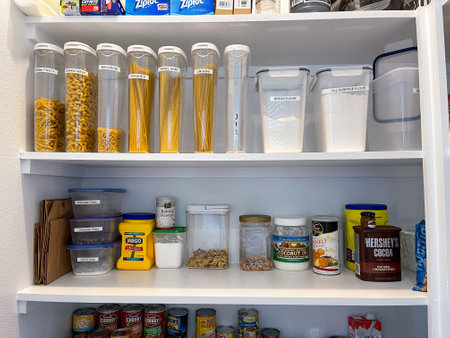 Orlando,FL USA - January10, 2021:  A home pantry that is organized with various products in put away in a tidy manner.のeditorial素材