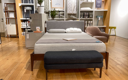 Orlando, FL USA- March 6, 2021 :  A bedroom  display at a West Elm Midcentury Modern furniture store in Orlando, Florida.のeditorial素材