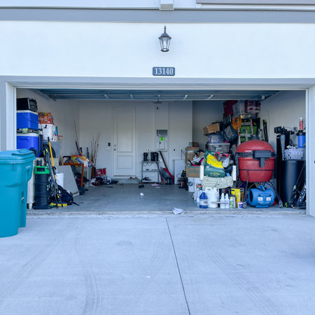 Orlando, FL USA -  September 3, 2021: An unorganized garage filled with a lot of stuff in a neighborhood.のeditorial素材