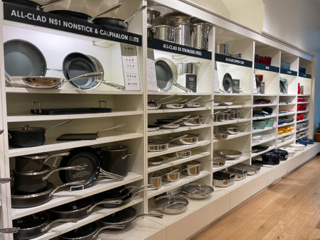 Orlando, FL USA -  September 9, 2021: The All Clad pot and pan aisle at a Williams Sonoma store at an indoor mall in Orlando, Florida.のeditorial素材