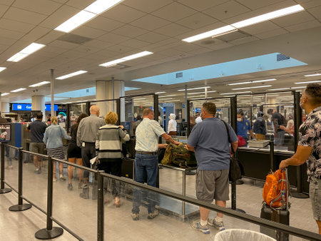 Orlando, FL USA - September 23, 2021:  People walking through the security line at Orlando International Airport MCO.のeditorial素材