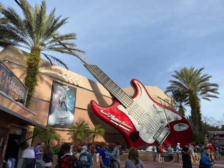 Orlando, FL USA- February 4, 2020: The Aerosmith Guitar for the Rockin Roller Coaster ride  in Hollywood Studios Walt Disney World in Orlando, Florida.のeditorial素材