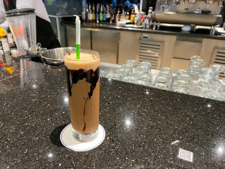 A delicious iced chocolate latte served on the MSC Cruise Ship Divina in Port Canaveral, Florida.,の写真素材