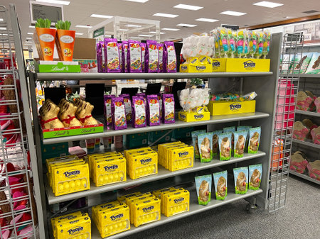 Orlando,FL USA- February 10, 2022: The Peeps marshmallow chicks and easter candy aisle of a Kohl's Store waiting for customers to shop for the childrens easter gifts.のeditorial素材