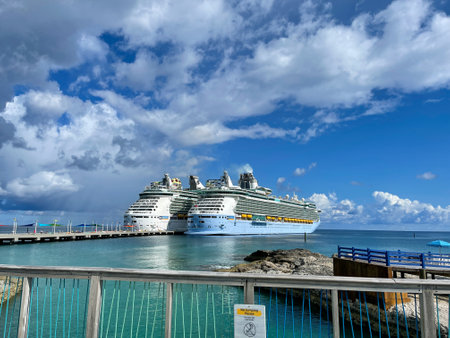Bahamas - September 16, 2021: The Royal Caribbean Cruise Ship Freedom of the Seas and Mariner of the Seas docked in Coco Cay in the Bahamas.のeditorial素材