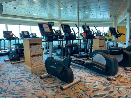 Orlando, FL USA - September 13, 2021: The exercise studio on the Royal Caribbean Cruise Ship Mariner of the Seas in Port Canaveral, Florida.のeditorial素材
