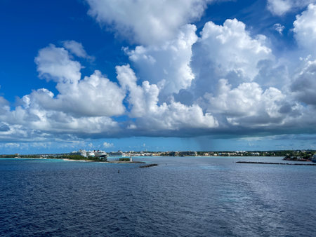 Nassau, Bahamas - October 13, 2021: An aerial view of the cruise ship harbor in Nassau, Bahamas from a cruise ship that is sailing away.のeditorial素材