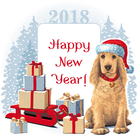 Dog sitting Ñn Santa hat next to giftのイラスト素材