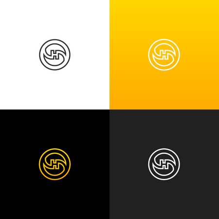 Logo H in circle line. Linear logo of the letters h for companies and brands with a yellow gradient. Set of minimalistic monogram design.のイラスト素材