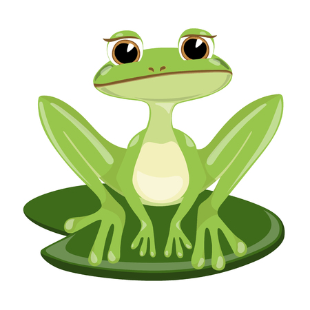 Cartoon cute sad green frog siting on cane, vector illustration.の写真素材