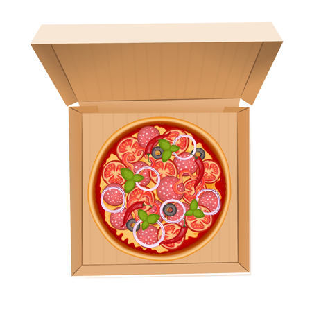 Delicious italian pizza with salami, sweet pepper, olive, cheese, tomato, chili, onion and basil. Tasty pizza in box isolated on white. Pizza box delivery service. Vector Illustration.のイラスト素材