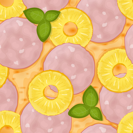 Hawaiian pizza. Delicious pizza seamless pattern with ham, cheeses, pineapple and basil. Vector Illustration.のイラスト素材