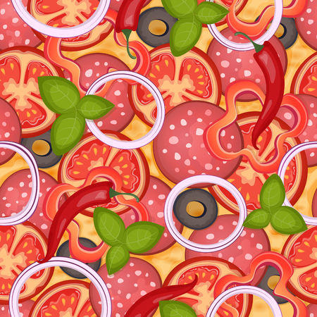 Delicious pizza seamless pattern with salami, sweet pepper, olive, cheese, tomato, chili, onion and basil. Vector Illustrationのイラスト素材