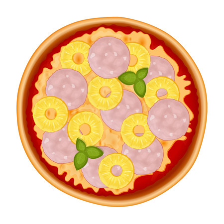 Hawaiian pizza. Delicious pizza with ham, cheeses, pineapple and basil. Pizza icon isolated on white. Vector Illustration.の写真素材